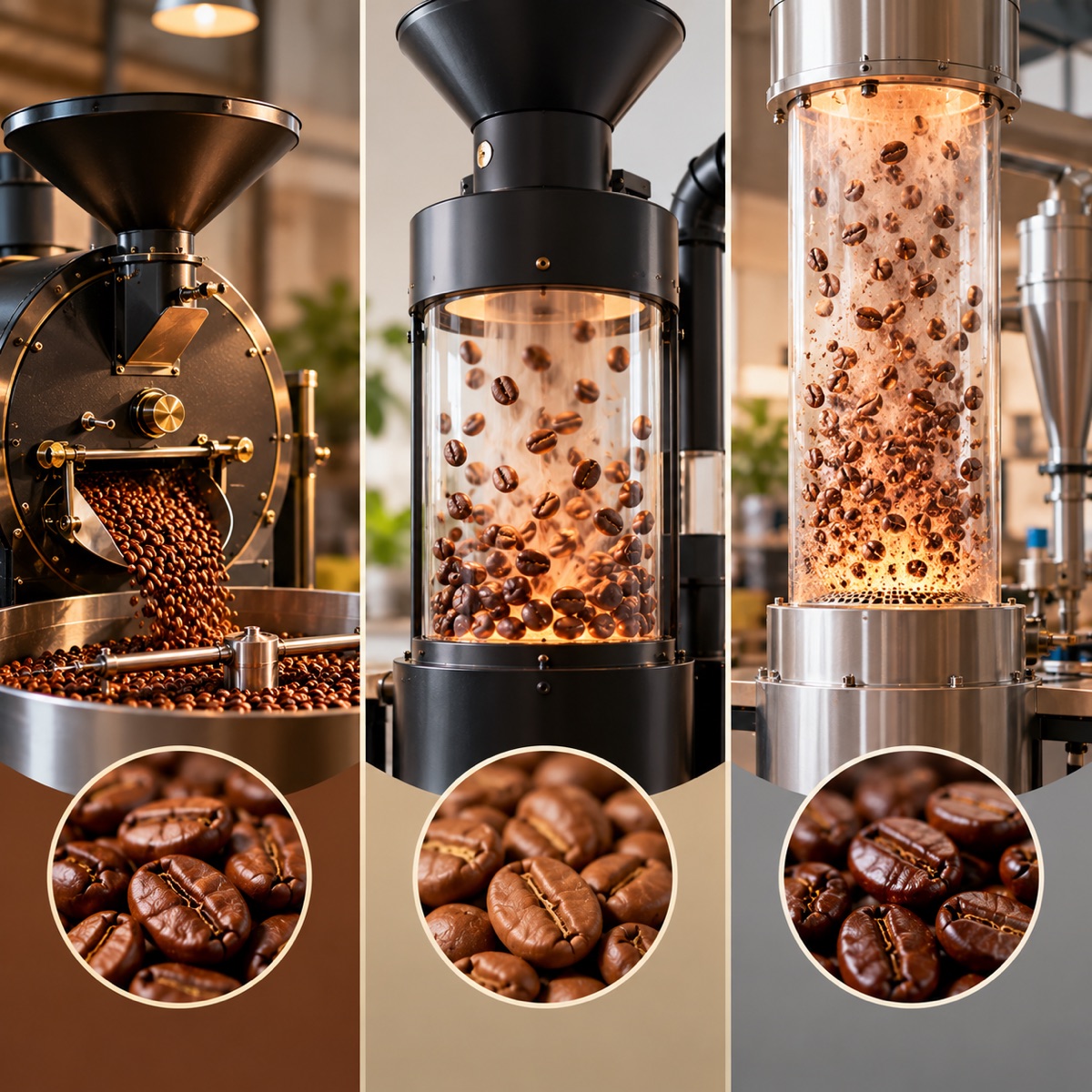 Drum, air fluid-bed and hybrid coffee roaster icons compared