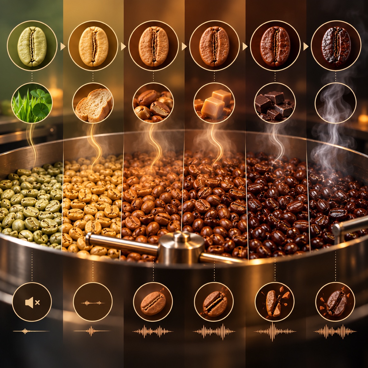 Eight coffee beans in a colour chart from green to very dark roast