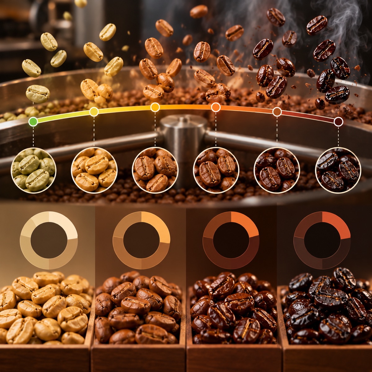 Bar chart showing drying, Maillard and development shares of roast time for filter and espresso