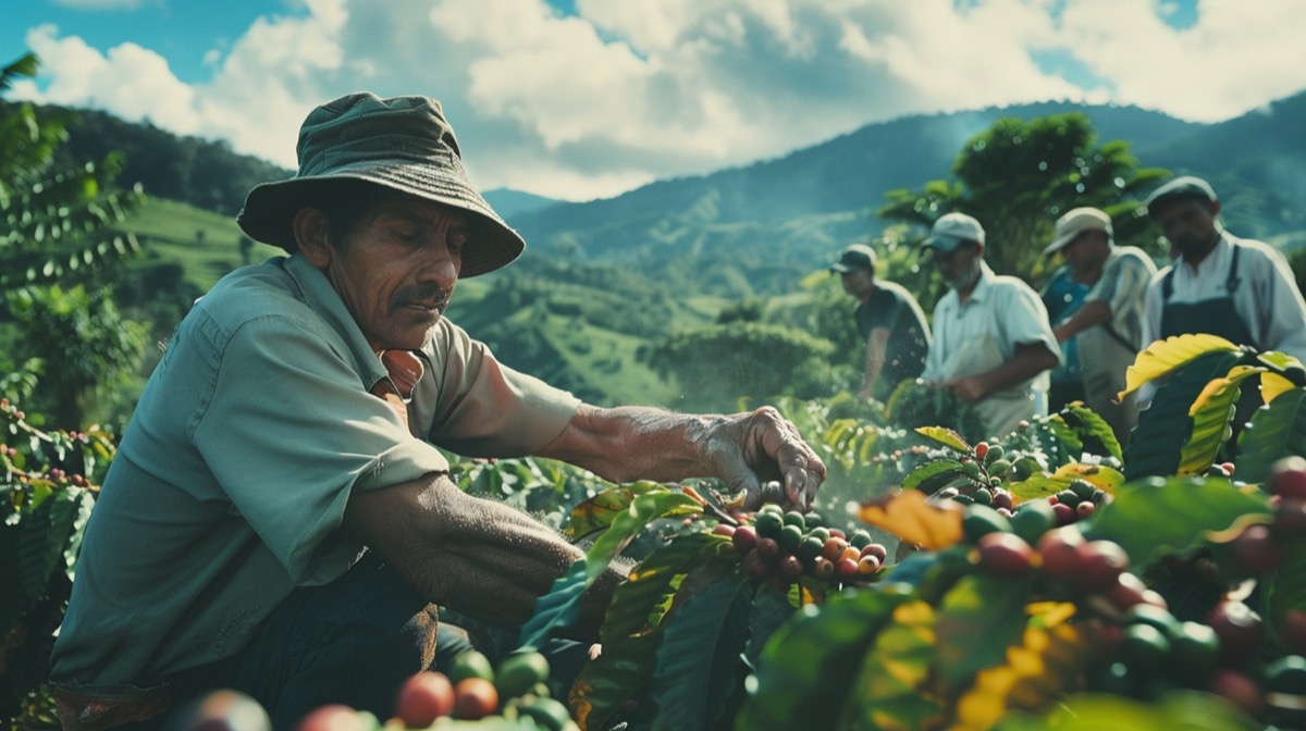 Farmers hand-picking ripe coffee cherries