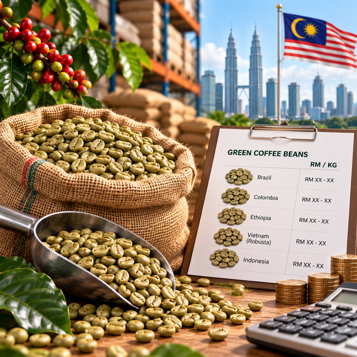 Bags of green coffee beans with a scale for comparing per-kilogram wholesale prices