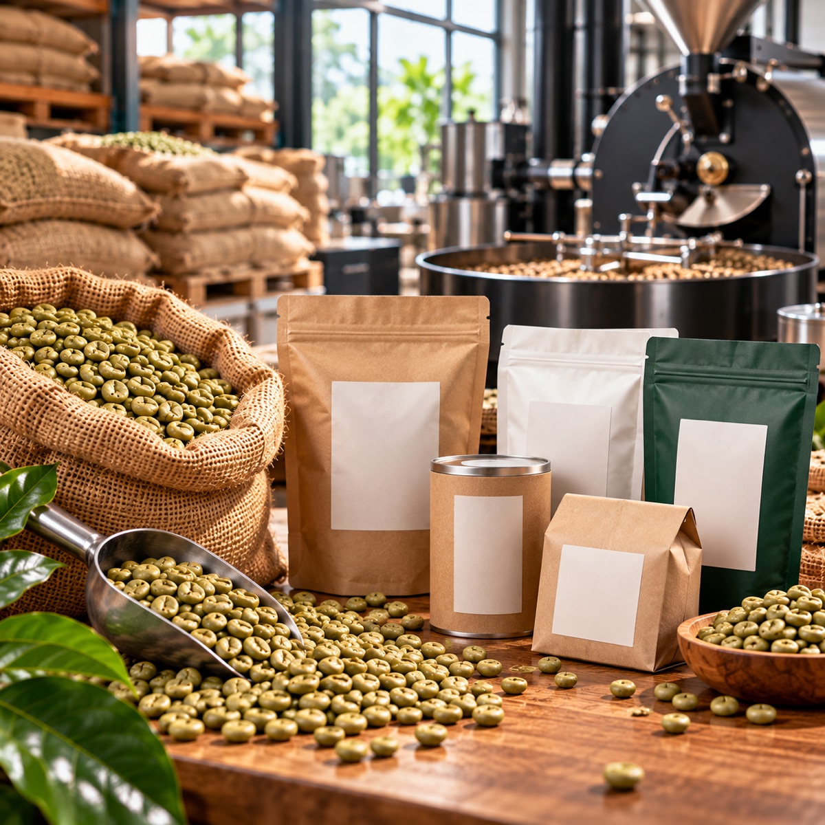 Green coffee beans and branded coffee bags for private label roasting