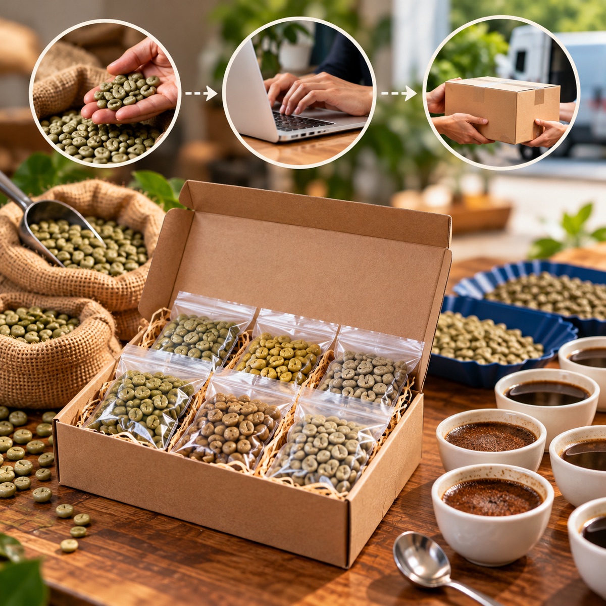 Small bags of green coffee samples with cupping bowls and score sheets
