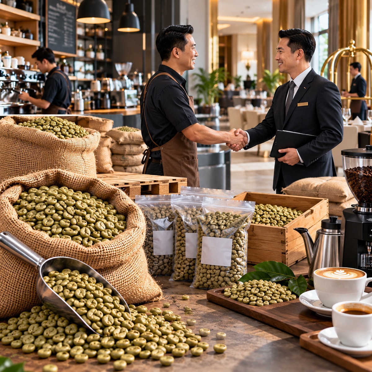 Green coffee beans for café and hotel roasting programmes in Malaysia