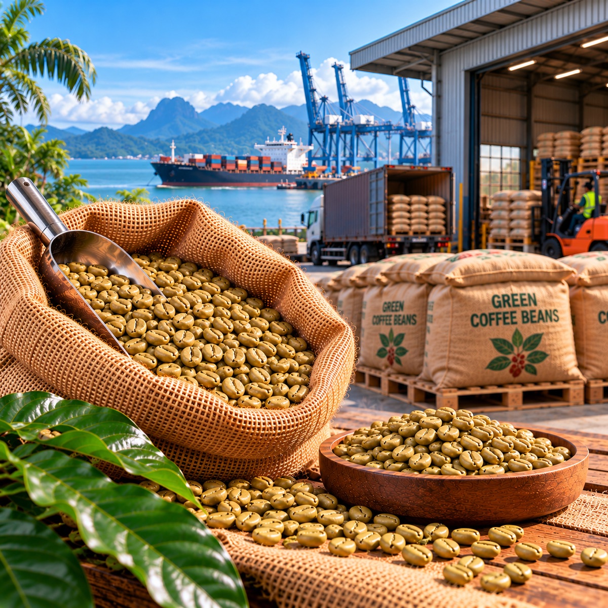 Green coffee beans packed for shipping to Sabah and Sarawak