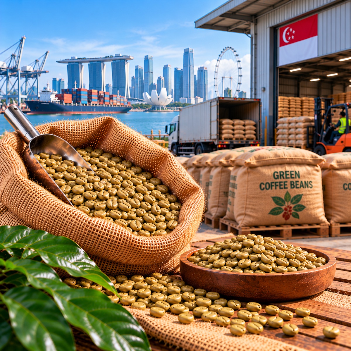 Green coffee beans packed for export to Singapore