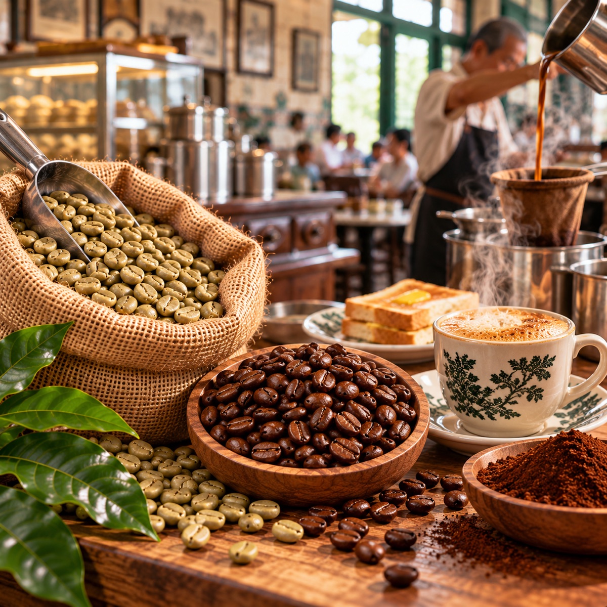 Traditional Hainanese-style kopi poured with a cloth filter and dark roasted beans