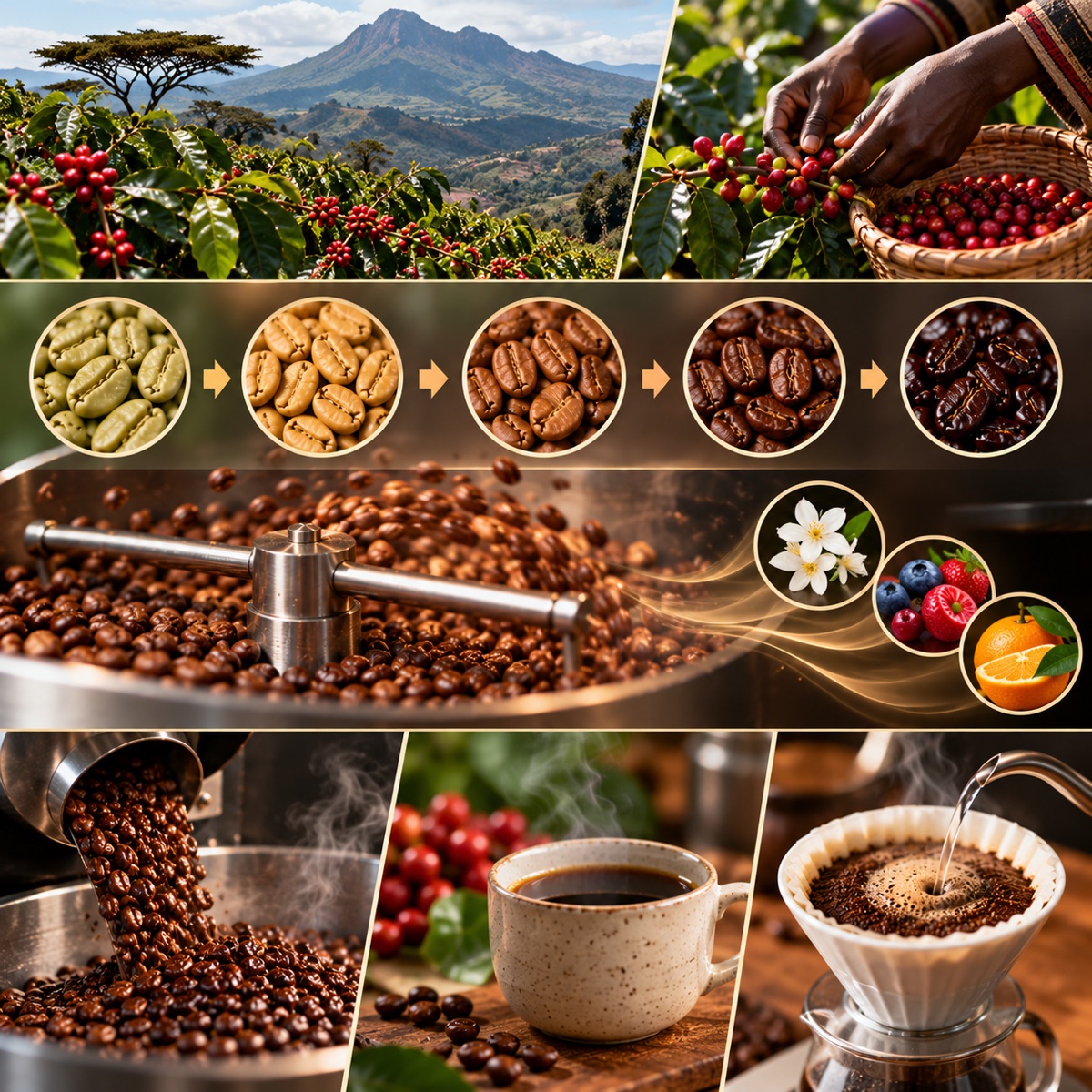 Jasmine flower, coffee cherries and light-roasted Ethiopian coffee beans