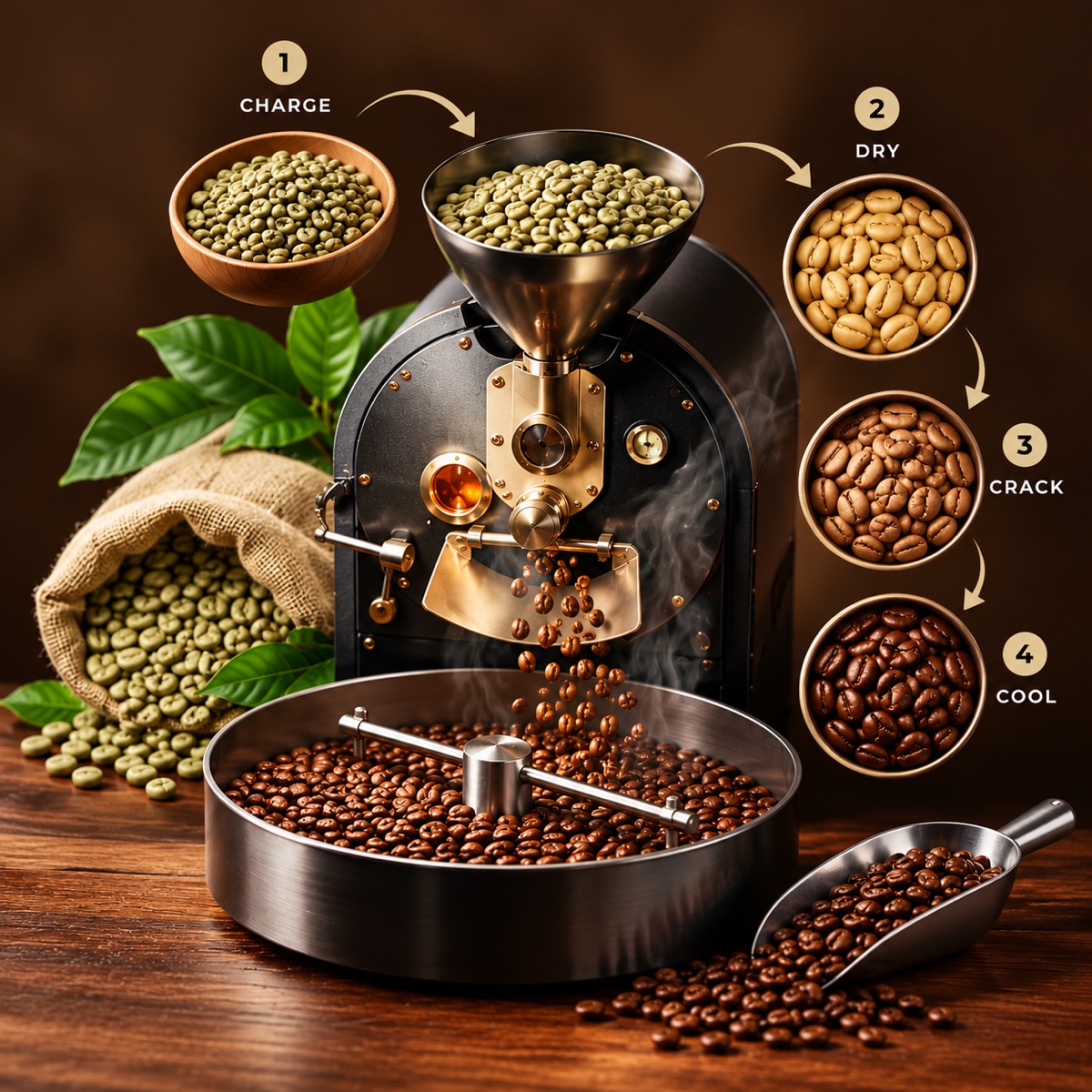 Coffee drum roaster cross-section with four roasting steps: charge, dry, crack and cool
