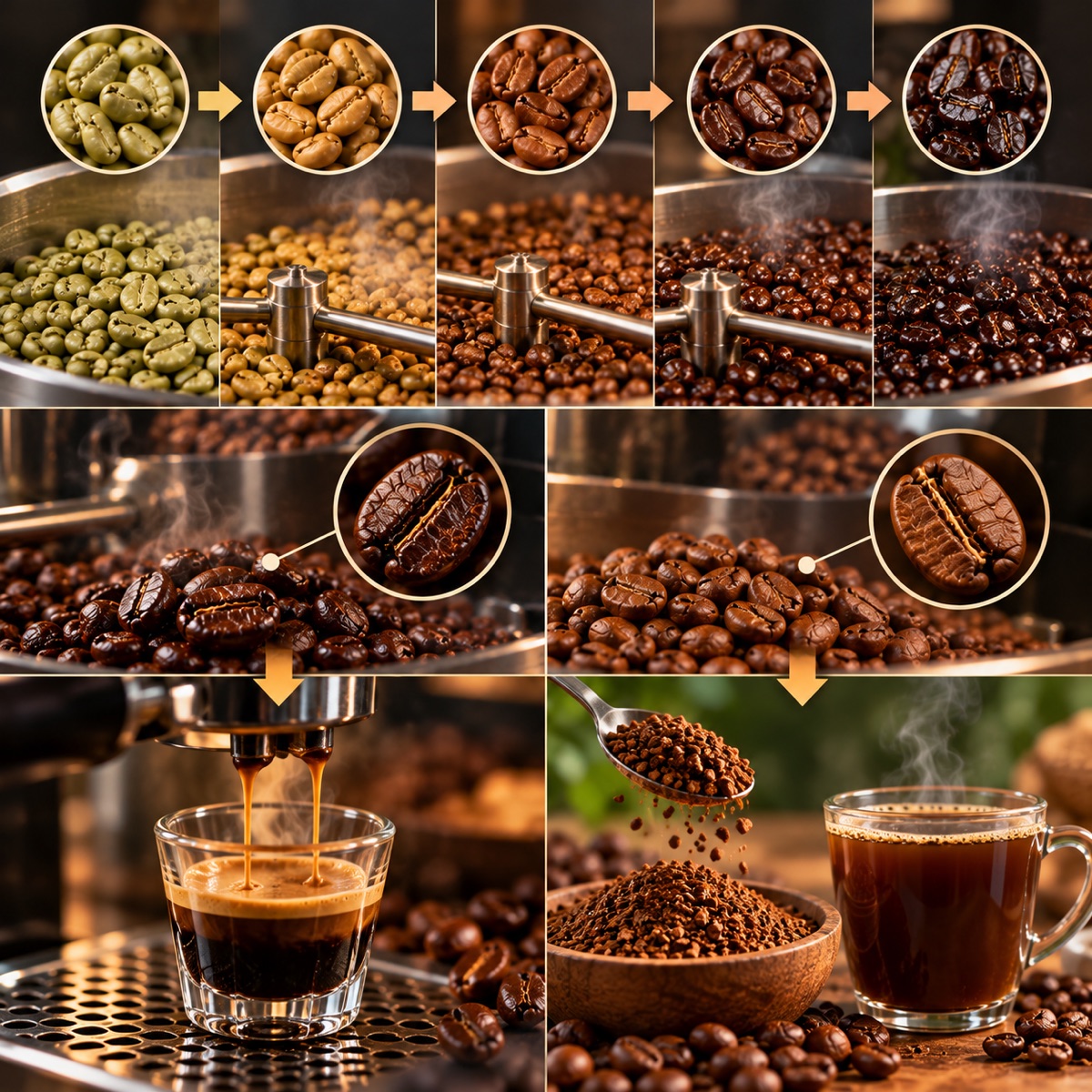 Espresso cup with thick crema and round Robusta coffee beans