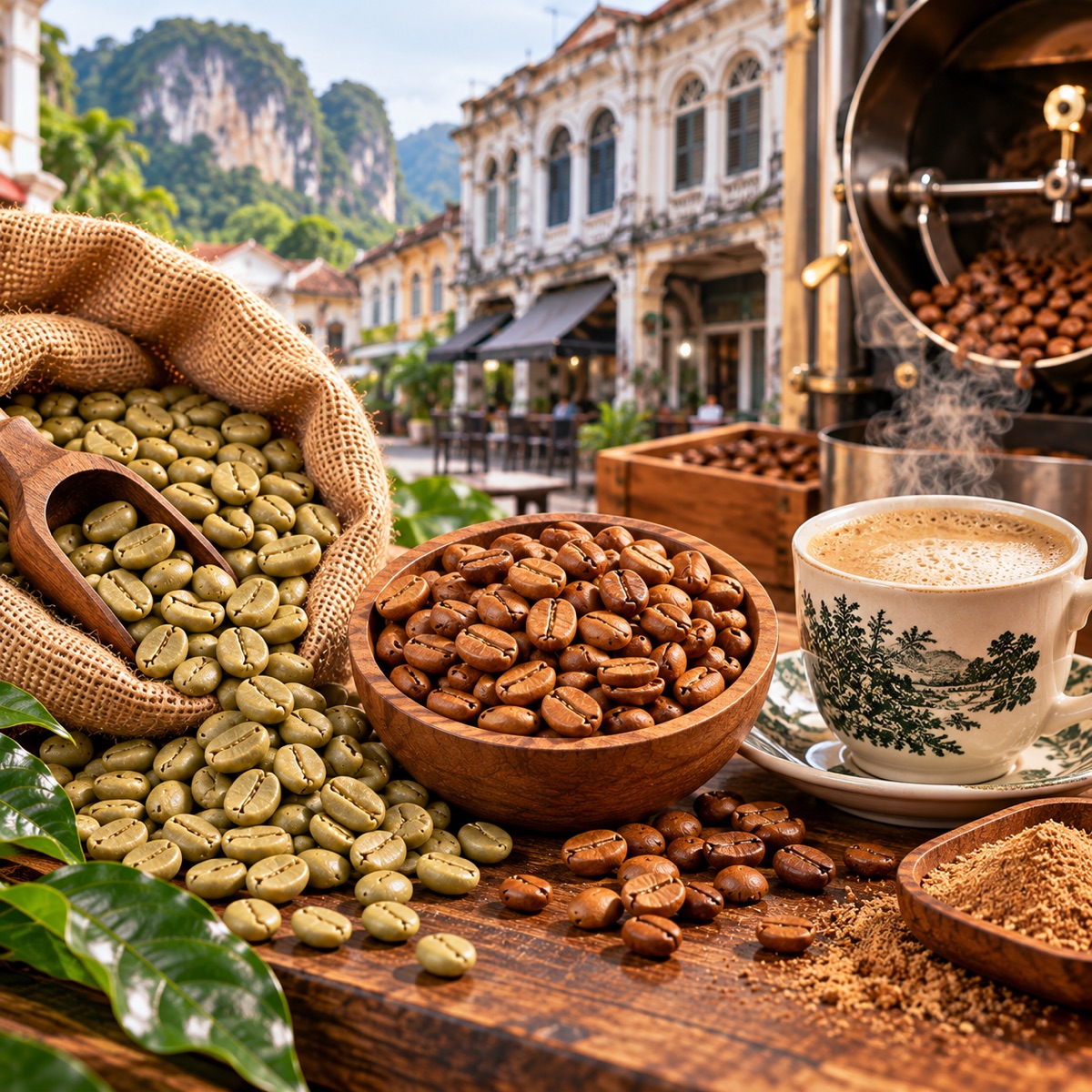 Cup of Ipoh white coffee with creamy milk and lightly roasted coffee beans