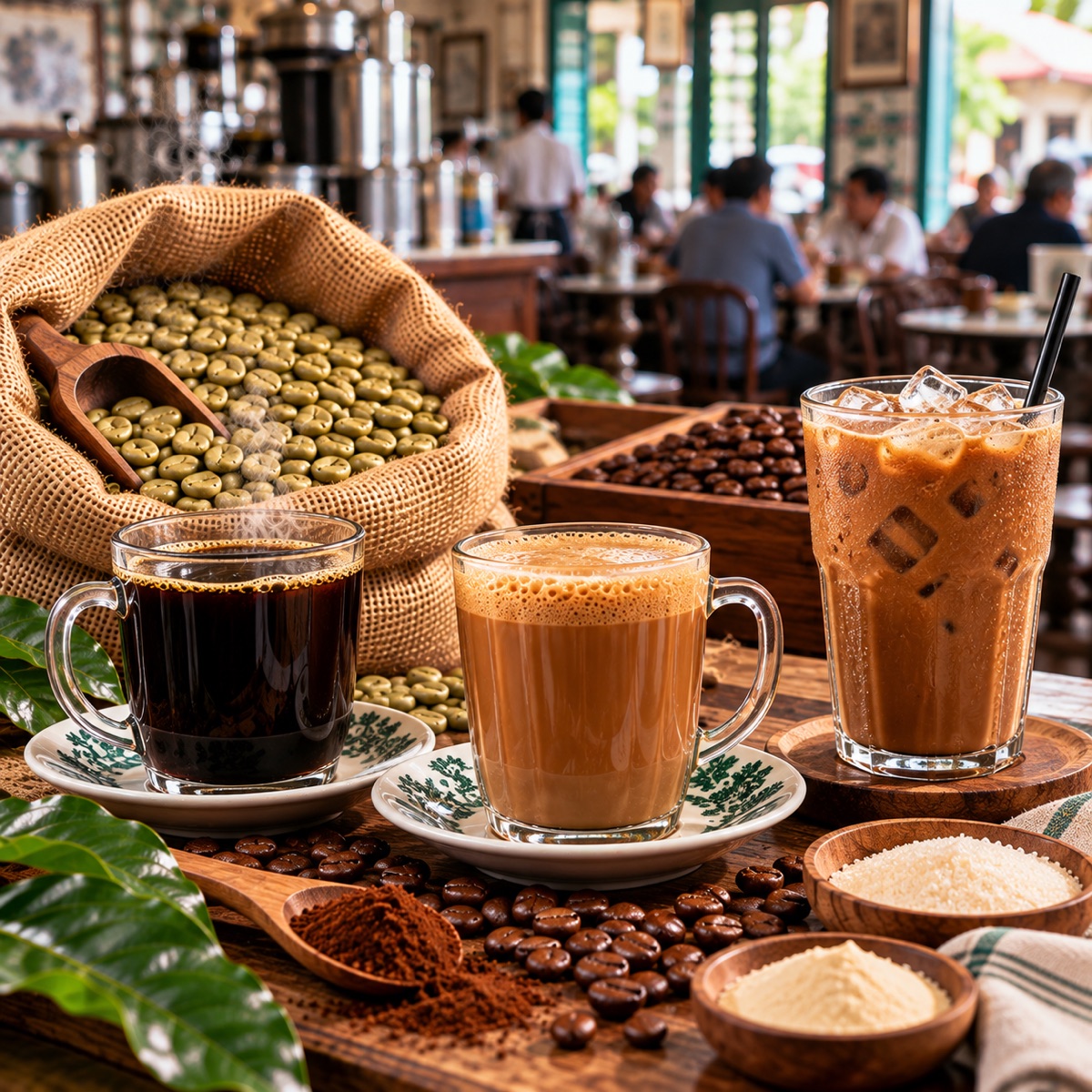 Kopi O, kopi C and iced kopi peng served in glass cups at a Malaysian coffee shop