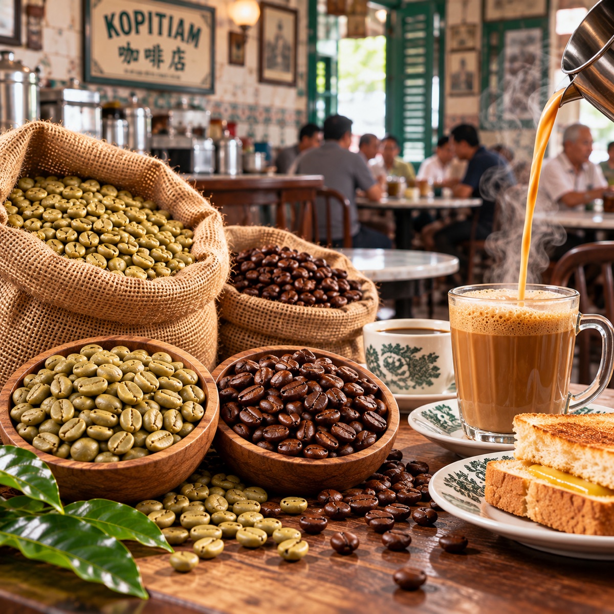 Traditional Malaysian kopitiam coffee in a glass cup with Robusta coffee beans