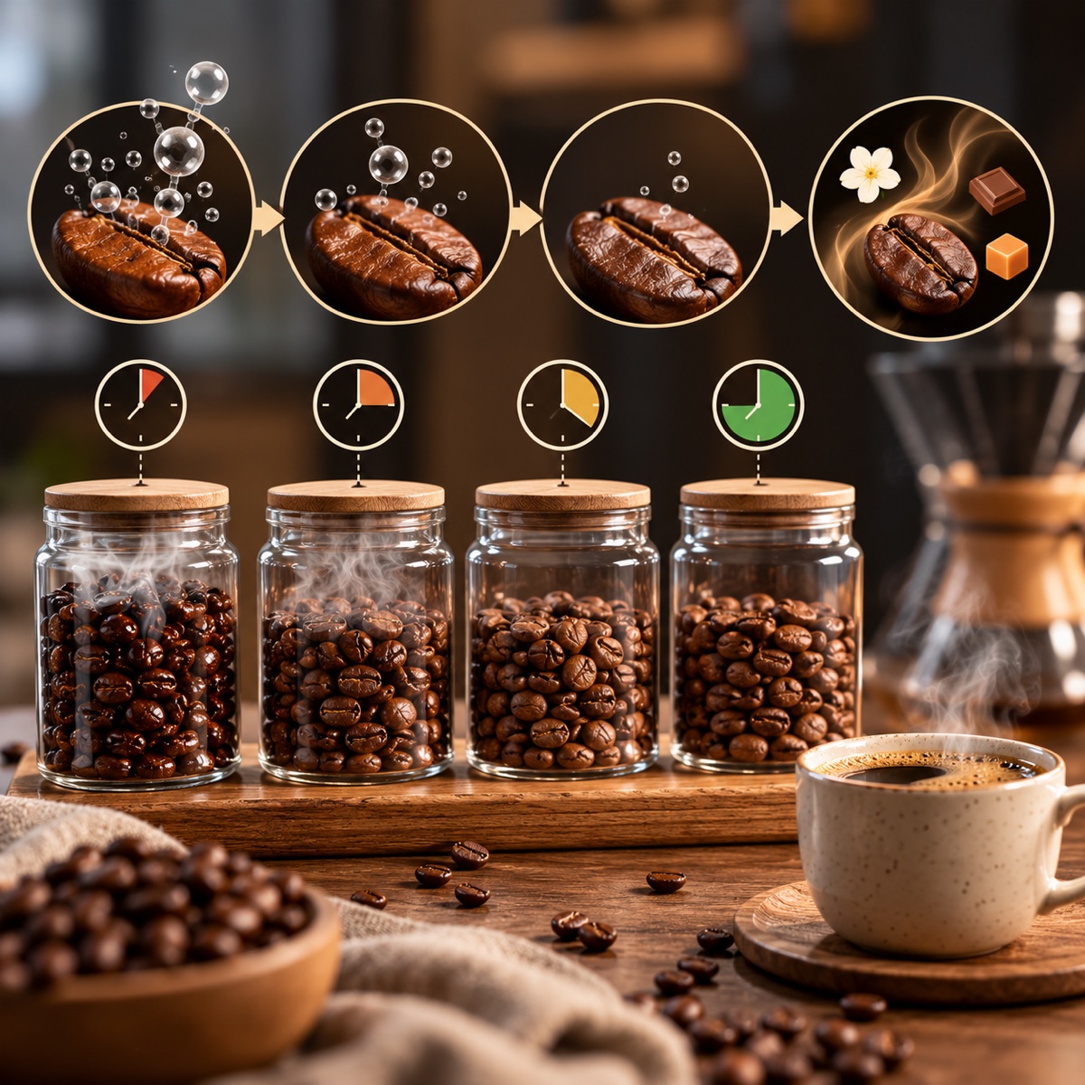 Coffee bag with one-way valve and carbon dioxide bubbles rising