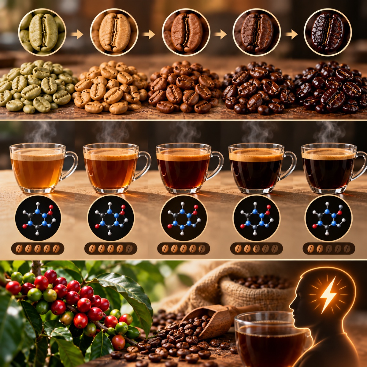 Light, medium and dark roast beans with equal caffeine bars