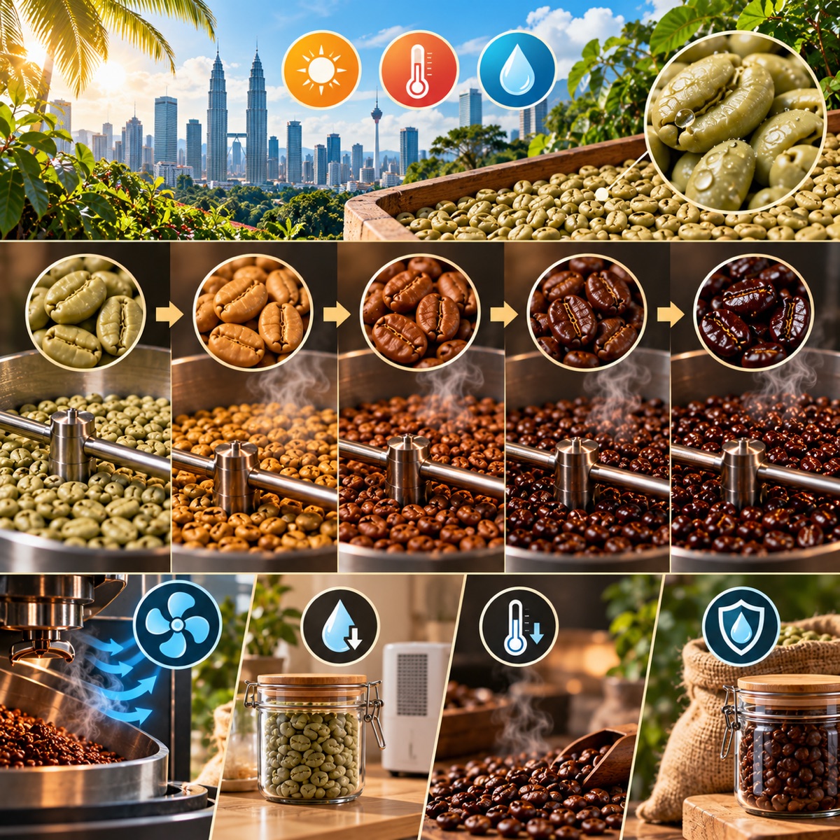 Thermometer and humidity droplet beside a coffee bean and leaves