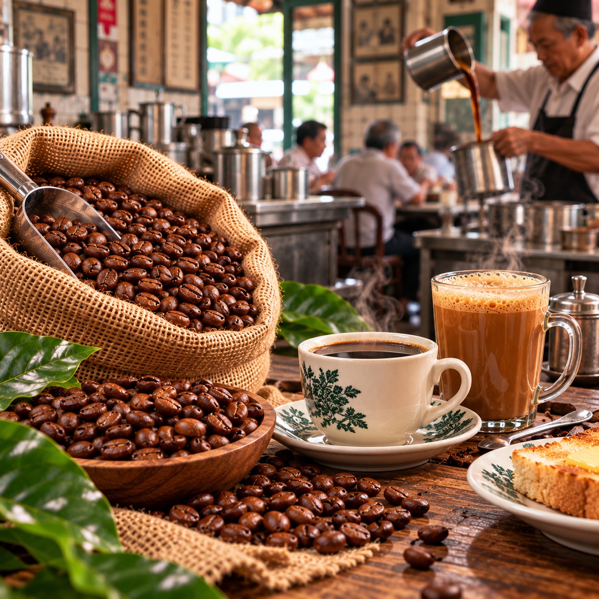 Sacks of green Robusta beans beside traditional Malaysian coffee glasses