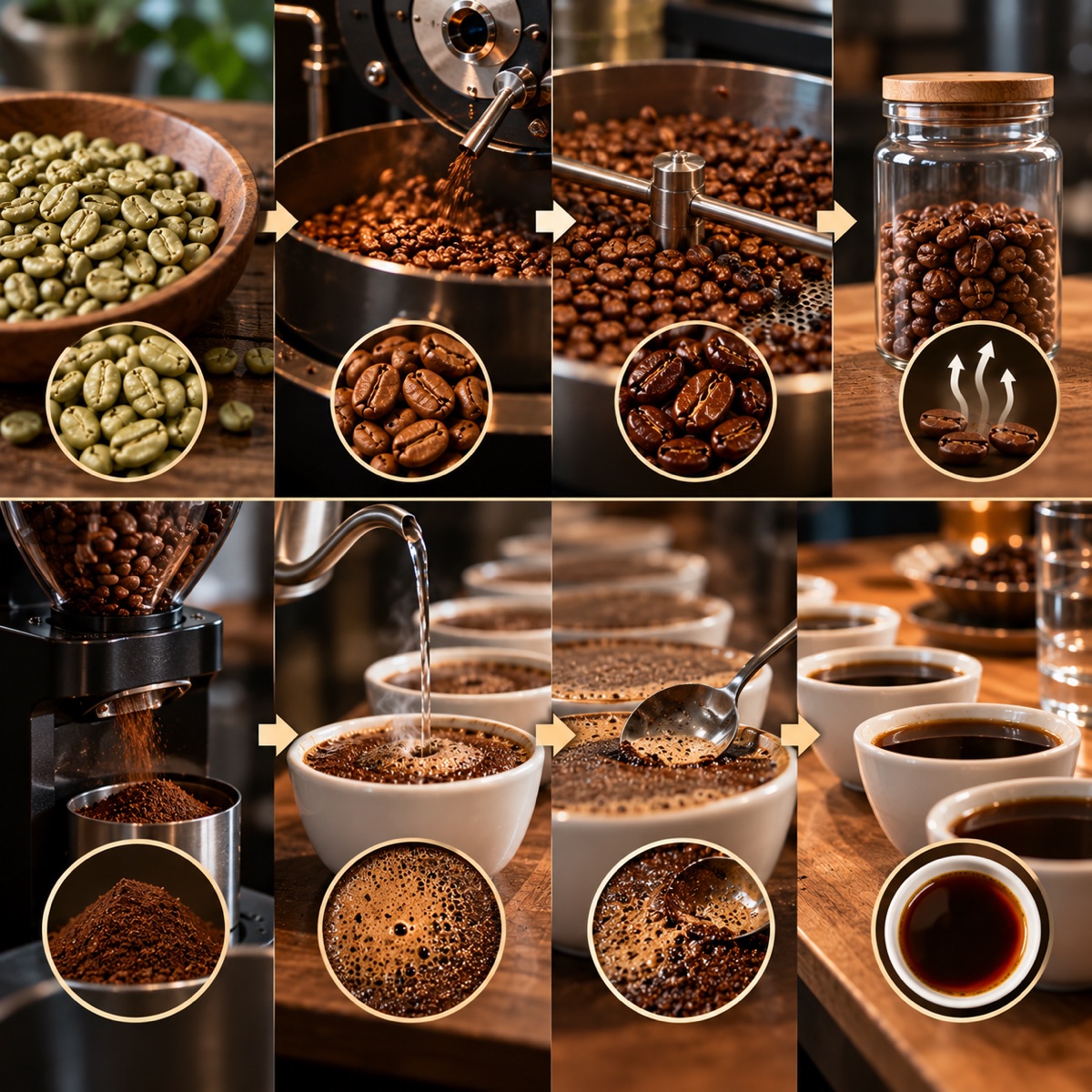 Five cupping bowls and a spoon for evaluating sample-roasted coffee