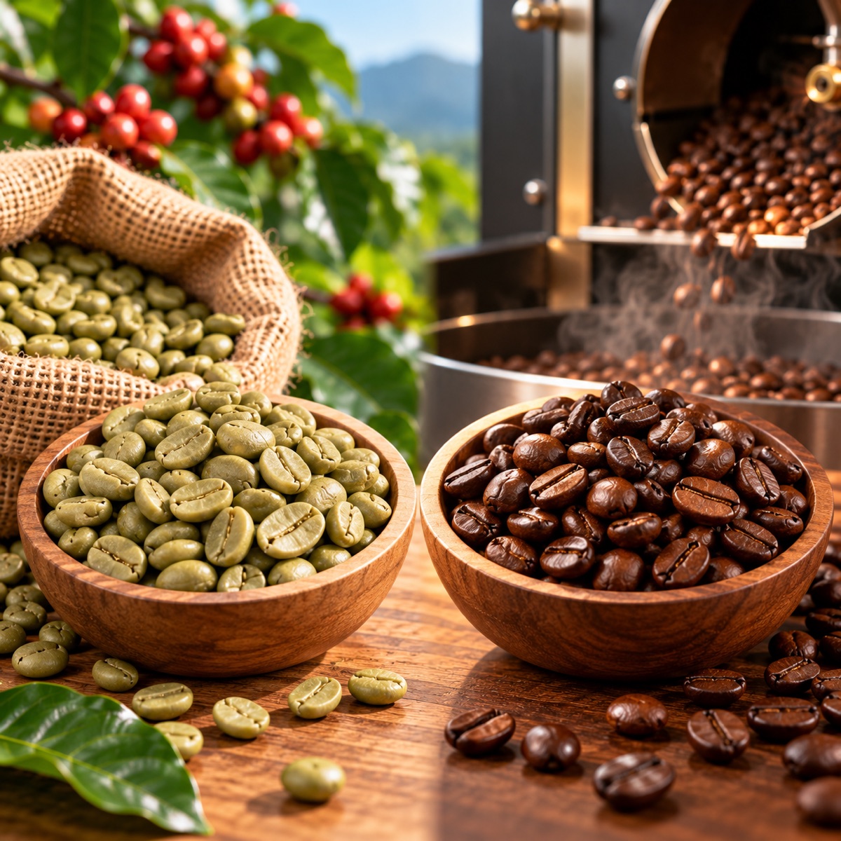 Green unroasted coffee beans beside roasted coffee beans