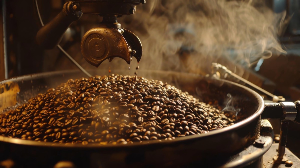 Washed Arabica coffee beans in a drum roaster with clean, even colour