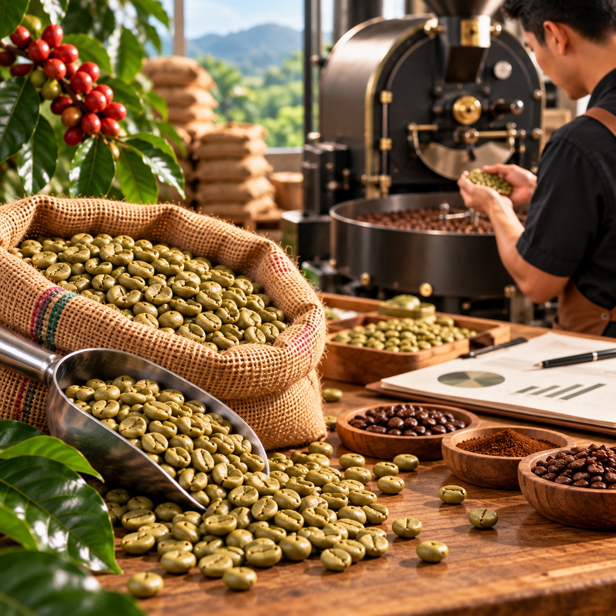 Green coffee beans in a sack ready for roasting